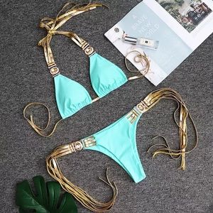 NWT L green aqua tassel bling diamond competition